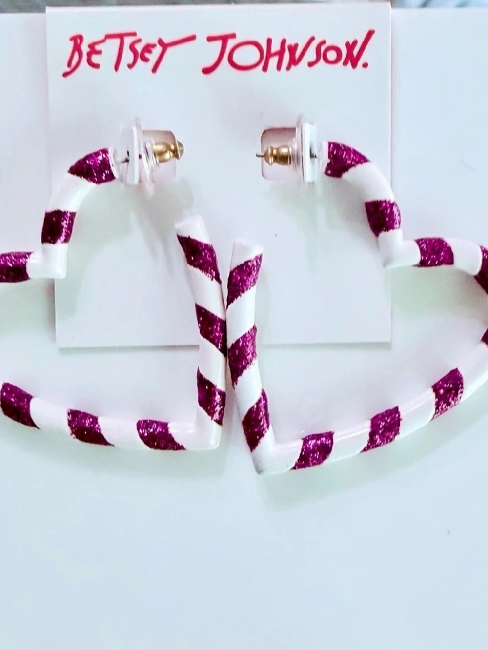 Betsey Johnson Pink Striped Heart Candy Cane Hoop Earrings Pink & White